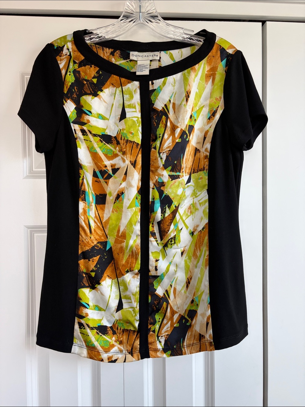 Doncaster Silk Black Short-Sleeve Top with Green, Gold & White Abstract Front. M